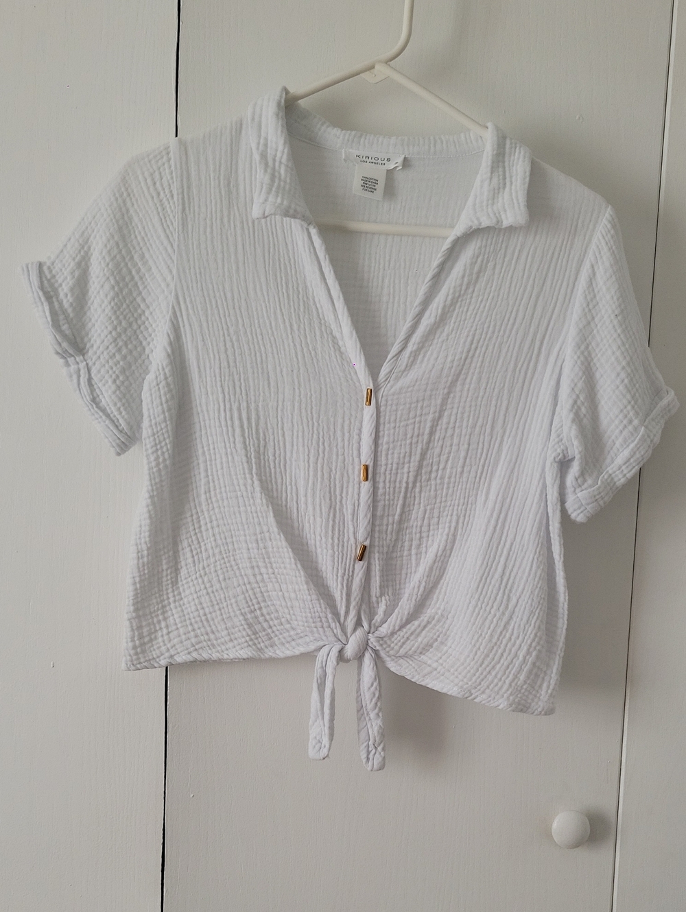 Tie-Front White Button-Down Shirt with Gold Accents